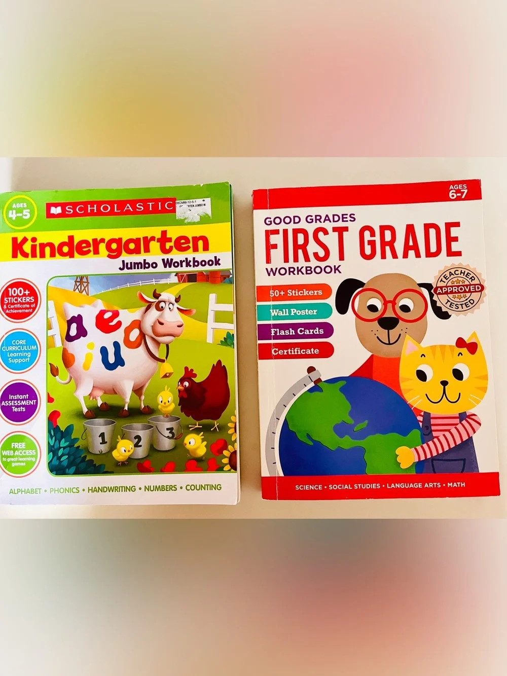 TWO Scholastic Kindergarten and First Grade Jumbo Workbooks